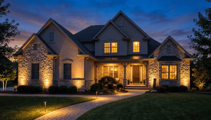 Front Of A Home At Twilight Showing Uplit Corners And Lit Walkway