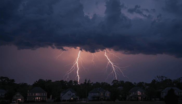 Lightning Striking Over A Cartersville Ga Neighborhood During A Summer Thunderstorm