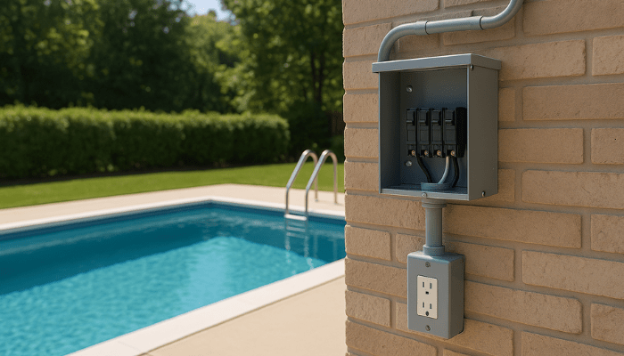 Outdoor pool with nearby electrical panel and outlet, illustrating summer electrical safety and proper wiring installation.