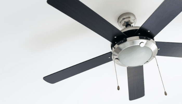 Modern ceiling fan with dark blades and brushed metal fixture mounted on a white ceiling.